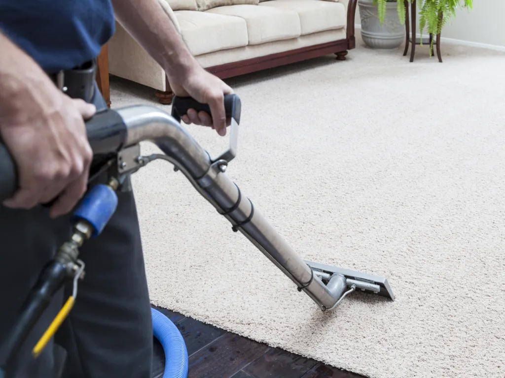 Cleaner using a carpet extraction wand on a light-coloured carpet in a living room